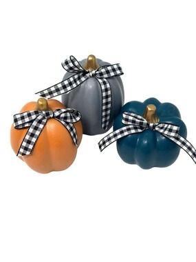 Fall Mini Pumpkins Set Orange Gray Teal with Gingham Bow Farmhouse Tiered Tray